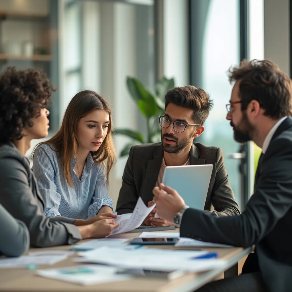 Equipo de consultores discutiendo estrategias en una oficina moderna